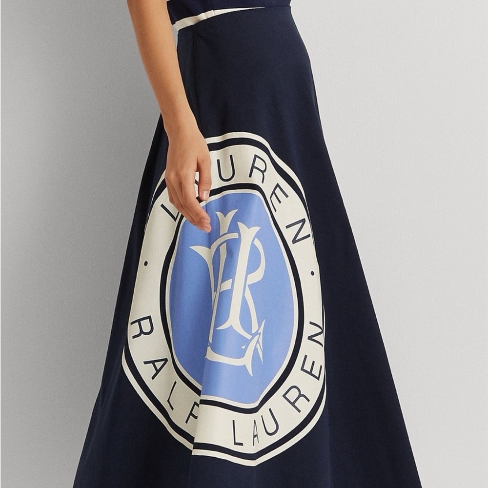 Ralph Lauren Black Label Blue and White Logo Cotton Canvas A Line Skirt
